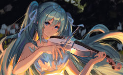 Rule 34 | 1girl, bare arms, bare shoulders, blue eyes, blue hair, blurry, blurry background, bow (music), breasts, closed mouth, collarbone, commentary request, depth of field, dress, hair between eyes, hair ribbon, hands up, hatsune miku, highres, holding, holding instrument, holding violin, instrument, light smile, long hair, looking at viewer, medium breasts, ribbon, shanguier, solo, strapless, strapless dress, two side up, upper body, violin, vocaloid, white dress, white ribbon
