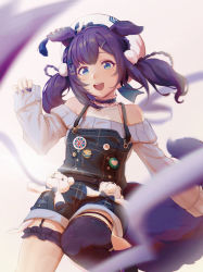 Rule 34 | 1girl, :d, aiba uiha, black thighhighs, blue eyes, blush, bra strap, ear piercing, garter straps, highres, long sleeves, looking at viewer, meron fly, nail polish, nijisanji, open mouth, overalls, piercing, purple hair, purple nails, sidelocks, simple background, single thighhigh, smile, solo, standing, standing on one leg, sweater, teeth, thighhighs, thighs, twintails, virtual youtuber, white background, white headwear, white sweater