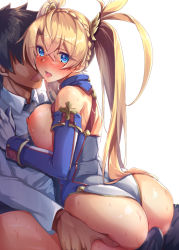 Rule 34 | 1boy, 1girl, arched back, ass, ass grab, back, bare shoulders, blonde hair, blue eyes, blush, bradamante (fate), bradamante (first ascension) (fate), braid, breast press, breasts, bulge, butt crack, buttjob, buttjob over clothes, collared shirt, commentary request, crown braid, deep skin, erection, erection under clothes, fate/grand order, fate (series), french braid, fujimaru ritsuka (male), gloves, hair between eyes, heart, heart-shaped pupils, hetero, highleg, highleg leotard, huge ass, large breasts, leotard, long hair, looking at viewer, nipples, open mouth, satou (kuso-neet), shirt, simple background, symbol-shaped pupils, thighs, thong leotard, twintails, very long hair, white background