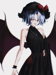 Rule 34 | 1girl, absurdres, alternate costume, arm at side, bat wings, black dress, black hat, blue hair, bow, commentary, cowboy shot, dress, fangs, fingernails, hand on own hip, hat, hat bow, highres, jewelry, koha 2652, looking at viewer, mob cap, nail polish, necklace, parted bangs, parted lips, red bow, red eyes, red nails, red ribbon, remilia scarlet, ribbon, sharp fingernails, short hair, simple background, sleeveless, sleeveless dress, smile, solo, touhou, white background, wings, wrist cuffs