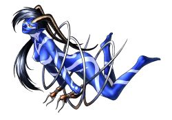 Rule 34 | 1girl, barefoot, blue hair, blue skin, colored sclera, colored skin, cybele (megami tensei), dual wielding, feet, full-body tattoo, full body, highres, holding, horns, kazuma kaneko, long hair, looking at viewer, nipples, nude, official art, pointy ears, reverse grip, shin megami tensei, simple background, smirk, solo, sword, tattoo, toes, weapon, white background, yellow eyes, yellow sclera