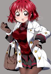Rule 34 | 1girl, bag, breasts, buttons, bwell, clenched hand, coat, hand on own hip, handbag, highres, horikawa raiko, looking at viewer, pale skin, pantyhose, red eyes, red hair, red sweater, simple background, smile, solo, standing, sweater, touhou, winter clothes