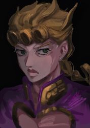 Rule 34 | 1boy, absurdres, bad id, bad pixiv id, black background, blonde hair, braid, braided ponytail, closed mouth, clothing cutout, earrings, expressionless, giorno giovanna, gold trim, gotagotay, green eyes, hair rings, heart cutout, highres, jewelry, jojo no kimyou na bouken, lips, looking at viewer, male focus, nose, purple shirt, shirt, short hair, simple background, solo, upper body, v-shaped eyebrows, vento aureo