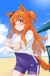 Rule 34 | 1girl, animal ears, beach, beach chair, beach umbrella, black ribbon, blue one-piece swimsuit, bow, clothes lift, competition school swimsuit, ear bow, highres, horse ears, horse girl, horse tail, lifting own clothes, long hair, looking at viewer, mayano top gun (umamusume), ocean, one-piece swimsuit, orange eyes, orange hair, outdoors, ribbon, sand, school swimsuit, shirt lift, solo, swimsuit, swimsuit under clothes, tail, two side up, umamusume, umbrella, yuuichi (reductionblack)