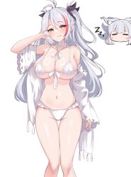 Rule 34 | 2girls, absurdres, animal ear fluff, animal ears, antenna hair, azur lane, bikini, black ribbon, blush stickers, breasts, chibi, chibi inset, cleavage, closed eyes, closed mouth, commentary request, cosplay, feet out of frame, grey hair, groin, hair ribbon, hand up, highres, jacket, large breasts, long hair, long sleeves, looking at viewer, moyoron, multicolored hair, multiple girls, parted bangs, prinz eugen (azur lane), red hair, ribbon, shinano (azur lane), shinano (azur lane) (cosplay), shinano (dreamy white sands) (azur lane), simple background, sleeping, sleeves past wrists, smile, standing, streaked hair, swimsuit, tail, thigh gap, two side up, very long hair, white background, white bikini, white jacket, wide sleeves, zzz