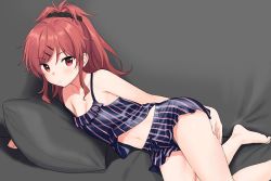 Rule 34 | 1girl, bare shoulders, blush, breasts, chigusa asuha, cleavage, collarbone, expressionless, feet, full body, hair ornament, hairclip, hand on own thigh, long hair, looking at viewer, lying, navel, on side, pillow, ponytail, qualidea code, red eyes, red hair, scrunchie, sekiya asami, sideboob, sidelocks, small breasts, solo