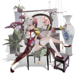 Rule 34 | 1girl, absurdres, animal, armchair, asymmetrical legwear, azur lane, bird, window blinds, bonsai, brown hairband, chair, chao ho (azur lane), chick, closed mouth, commentary request, cone hair bun, detached sleeves, dress, folding fan, grey hair, hair between eyes, hair bun, hairband, hand fan, hanging plant, highres, holding, holding fan, kele mimi, long hair, long sleeves, looking at viewer, manjuu (azur lane), multicolored hair, on chair, red dress, red eyes, red footwear, red hair, red sleeves, shadow, shoes, simple background, sitting, sitting sideways, socks, solo, thighhighs, twintails, two-tone hair, v-shaped eyebrows, vase, very long hair, white background, white socks, white thighhighs, wide sleeves