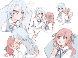 Rule 34 | +++, ..., 2girls, :d, aqua eyes, aqua ribbon, black-framed eyewear, blue hair, blue ribbon, blush, brown eyes, closed eyes, closed mouth, collared shirt, commentary request, cropped torso, eye contact, unworn eyewear, flying sweatdrops, glasses, grey vest, hair ribbon, hand on another&#039;s cheek, hand on another&#039;s face, hand on own chest, hand up, hands up, haneshin35, height difference, highres, holding, holding removed eyewear, hug, hug from behind, kiss, kissing cheek, long hair, long sleeves, looking at another, looking away, looking to the side, multiple girls, multiple views, neck ribbon, no pupils, notice lines, oogami shiro, open mouth, parted bangs, parted lips, profile, red hair, ribbon, school uniform, semi-rimless eyewear, shirt, shoujo kageki revue starlight, shoujo kageki revue starlight -re live-, sketch, smile, speech bubble, spoken ellipsis, takachiho stella, teeth, two side up, under-rim eyewear, upper body, upper teeth only, vest, white background, white shirt, yuri