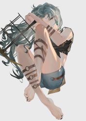 Rule 34 | 1girl, alternate costume, barefoot, black nails, black shirt, casual, commentary request, contemporary, crop top, denim, denim shorts, earrings, feet, full body, grey eyes, grey hair, highres, himemushi momoyo, holding, holding pickaxe, jewelry, legs, long hair, looking at viewer, nail polish, pickaxe, reeh (yukuri130), shirt, short shorts, shorts, sleeveless, sleeveless shirt, smile, solo, toenail polish, toenails, toes, touhou, very long hair