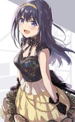 Rule 34 | 1girl, :d, ayano yuu (sonma 1426), back bow, black gloves, black hair, bow, choker, dress, feet out of frame, floral print, gloves, hair ornament, hairband, highres, idol, idoly pride, lace, lace choker, long hair, looking at viewer, nagase mana, open mouth, purple eyes, skirt, smile, solo, yellow skirt