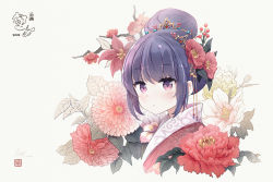 Rule 34 | 1girl, 2022, absurdres, blue hair, cropped torso, dark blue hair, flower, hair bun, hair flower, hair ornament, highres, i-tsd, leaf, looking at viewer, purple eyes, shima rin, short hair, signature, simple background, solo, yurucamp