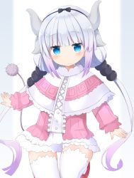 Rule 34 | 1girl, beads, black bow, black hairband, blue eyes, blunt bangs, blush, bow, capelet, dragon girl, dragon horns, dragon tail, dress, expressionless, floating hair, frilled capelet, frills, gradient hair, grey background, hair beads, hair ornament, hairband, highres, horns, jitome, kanna kamui, kobayashi-san chi no maidragon, light purple hair, long sleeves, low twintails, multicolored hair, parted lips, pink dress, puffy long sleeves, puffy sleeves, purple hair, red footwear, shoes, shuuichi (gothics), sidelocks, slit pupils, solo, tail, tail raised, thighhighs, twintails, two-tone background, two-tone hair, white background, white thighhighs, zettai ryouiki