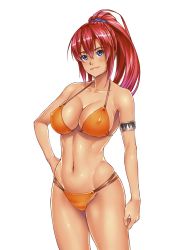 Rule 34 | 10s, 1girl, bellows (suisei no gargantia), bikini, blue eyes, breasts, cleavage, covered erect nipples, hand on own hip, highres, large breasts, lipstick, long hair, makeup, navel, ponytail, red hair, shanaminami, simple background, smile, solo, suisei no gargantia, swimsuit, thighhighs, thighs, toned, white background
