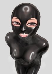 Rule 34 | 1girl, absurdres, arms behind back, blush, bodysuit, breasts, brown eyes, covered erect nipples, from above, gimp mask, highres, kilye kairi, latex, latex bodysuit, looking at viewer, mask, medium breasts, original, skin tight, solo