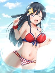 Rule 34 | 1girl, ;), absurdres, artist name, artist request, bare shoulders, bikini, black hair, blue hair, blue sky, blush, bow, breasts, checkered bikini, checkered clothes, cleavage, clenched hands, cloud, collarbone, dark blue hair, day, female focus, flower, front-tie top, grey eyes, hair flower, hair ornament, highres, large breasts, long hair, looking at viewer, love live!, love live! nijigasaki high school idol club, love live! school idol festival, ocean, one eye closed, outdoors, parted lips, ponytail, red bikini, red bow, side ponytail, sky, smile, solo, swimsuit, white flower, wink, yellow flower, yuki setsuna (love live!)
