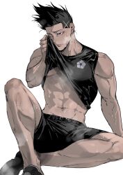Rule 34 | 1boy, abs, absurdres, barou shouei, black hair, black shorts, black tank top, blue lock, bomber tarou, closed mouth, clothes lift, highres, large pectorals, male focus, muscular, muscular male, navel, one eye closed, pectorals, red eyes, short hair, shorts, simple background, sitting, solo, sweat, sweatdrop, tank top, white background