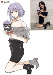 Rule 34 | 2girls, :3, bang dream!, bang dream! it&#039;s mygo!!!!!, black choker, black skirt, breasts, character doll, choker, cleavage, collarbone, commentary request, dress, frilled shirt, frills, full body, grey shirt, highres, kneeling, multiple girls, off-shoulder dress, off-shoulder shirt, off shoulder, open mouth, photo (medium), purple hair, real life, red eyes, reference inset, shirt, short hair, simple background, skirt, ushio0104, voice actor connection, white background, yonezawa akane, yuutenji nyamu