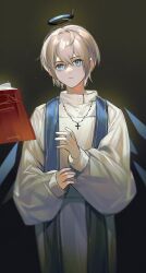 Rule 34 | 1boy, arknights, blue eyes, blue wings, book, brown hair, closed mouth, cross, cross necklace, detached wings, executor (arknights), hair between eyes, halo, highres, jewelry, long sleeves, looking to the side, male focus, necklace, open book, pienahenggou, puffy long sleeves, puffy sleeves, robe, sleeves past wrists, solo, white robe, wings