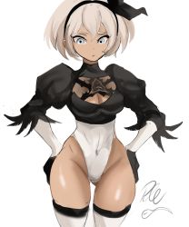Rule 34 | 2b (nier:automata), back cutout, bea (pokemon), black dress, black hairband, boots, cleavage cutout, clothing cutout, cosplay, creatures (company), curvy, dress, feather-trimmed sleeves, game freak, grey eyes, grey hair, hair between eyes, hairband, highleg, highleg leotard, highres, juliet sleeves, leotard, long sleeves, nier:automata, nier (series), nintendo, pokemon, pokemon swsh, puffy sleeves, rakeemspoon, shiny skin, short hair, thigh boots, thighhighs, thighhighs under boots, thong leotard, white leotard, wide hips