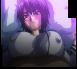 Rule 34 | 1boy, 1girl, animated, animated gif, blush, breasts, censored, clothed sex, covered erect nipples, hetero, kangoku senkan, lowres, murakami teruaki, naomi evans, paizuri, paizuri under clothes, penis, penis under another&#039;s clothes, pillow, purple hair, stitched, third-party edit, uniform