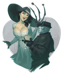 Rule 34 | 1boy, 1girl, absurdres, alcina dimitrescu, black coat, black gloves, black hair, box, breasts, chocolate, chuck pires, claws, cleavage, coat, collarbone, corsage, dress, eating, frown, gloves, heart, heart-shaped box, highres, large breasts, low-cut, mr x, pale skin, resident evil, resident evil 2, resident evil 2 (remake), resident evil village, shaded face, trench coat, tyrant, white dress