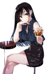 Rule 34 | 1girl, black hair, black skirt, blue shirt, breasts, crossed legs, cup, drinking glass, ear piercing, feet out of frame, highres, holding, holding cup, jewelry, long hair, looking at viewer, medium breasts, miyajima reiji, necklace, original, piercing, purple eyes, reaching, reaching towards viewer, shirt, short sleeves, simple background, sitting, skirt, smile, solo, table, white background