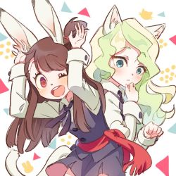 Rule 34 | 2girls, animal ear fluff, animal ears, asymmetrical bangs, blonde hair, brown hair, cat ears, cat girl, cat tail, commentary request, conago, diana cavendish, hand to own mouth, kagari atsuko, kemonomimi mode, little witch academia, multiple girls, one eye closed, rabbit ears, rabbit girl, rabbit pose, rabbit tail, tail