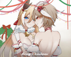 Rule 34 | 2girls, back, bell, bianka durandal ataegina, blonde hair, blue eyes, blurry, blurry background, braid, breasts, brown hair, christmas, cleavage, closed mouth, detached sleeves, dress, fur trim, gloves, hair between eyes, hair ornament, hand on another&#039;s shoulder, highres, honkai (series), honkai impact 3rd, jingle bell, large breasts, long hair, looking at viewer, looking back, merry christmas, multiple girls, neck bell, red eyes, red ribbon, ribbon, rita rossweisse, short hair, smile, standing, white dress, white gloves, youmiao oxo