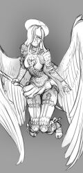 Rule 34 | 1girl, angel, angel wings, armor, bad id, bad twitter id, breastplate, chainmail, closed mouth, cross, halo, highres, holding, holding polearm, holding weapon, horns, latin cross, long hair, looking at viewer, miniskirt, original, polearm, single horn, skirt, solo, wass nonnam, weapon, wind, wind lift, wings