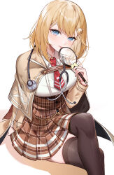 Rule 34 | 1girl, arm behind back, black thighhighs, blonde hair, blue eyes, blush, bob cut, brown skirt, clothing request, commentary, hair ornament, high-waist skirt, holding, holding magnifying glass, hololive, hololive english, long sleeves, looking at viewer, machi (7769), magnifying glass, medium hair, monocle, necktie, red necktie, revision, shirt, simple background, sitting, skirt, solo, stethoscope, thighhighs, tongue, tongue out, virtual youtuber, watson amelia, watson amelia (1st costume), white background, white shirt