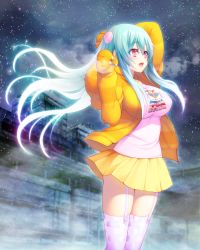 Rule 34 | 1girl, :d, animal hands, blue hair, blush, breasts, cardigan, collarbone, floating hair, game cg, gloves, gradient hair, hair between eyes, hair ornament, highres, hood, hood down, hooded cardigan, hougyou ilia, large breasts, long hair, miniskirt, multicolored hair, night, official art, oosaki shin&#039;ya, open cardigan, open clothes, open mouth, outdoors, paw gloves, pink shirt, pleated skirt, polka dot, polka dot legwear, print shirt, red eyes, shirt, silver hair, skirt, sky, smile, solo, standing, star (sky), starry sky, thighhighs, tokyo necro, very long hair, white thighhighs, yellow cardigan, yellow gloves, yellow skirt, zettai ryouiki