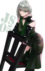 Rule 34 | 1girl, absurdres, black choker, black gloves, black thighhighs, character name, choker, closed mouth, coat, feet out of frame, fingerless gloves, girls&#039; frontline, gloves, green eyes, grey hair, highres, js05 (girls&#039; frontline), looking at viewer, medium hair, ohc., smile, solo, thighhighs, white background