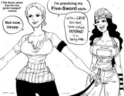 Rule 34 | 2girls, absurdres, bb (baalbuddy), breasts, cleavage, collarbone, english text, genderswap, genderswap (mtf), greyscale, highres, holding, holding sword, holding weapon, katana, large breasts, long nose, monochrome, multiple girls, one piece, overalls, roronoa zoro, simple background, speech bubble, sword, usopp, weapon, white background