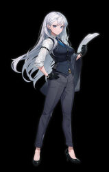 Rule 34 | 1girl, belt, black background, black footwear, black pants, black vest, blue eyes, blue necktie, breasts, character request, collared shirt, destiny child, full body, gloves, hand on own hip, high heels, holding, holding paper, jacket, unworn jacket, large breasts, long hair, looking at viewer, nasaca, necktie, official art, pants, paper, patent heels, pumps, shirt, shoes, simple background, solo, standing, stiletto heels, vest, white hair, white shirt