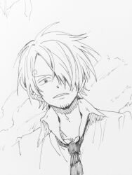 1boy collared_shirt commentary_request curly_eyebrows facial_hair goatee greyscale hair_over_one_eye looking_at_viewer male_focus monochrome necktie one_piece parted_lips sanji_(one_piece) shirt short_hair sketch solo upper_body xx_zslove