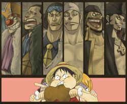 Rule 34 | 1girl, 6+boys, bandana, beard, black hair, boned meat, buggy the clown, cigar, crocodile (one piece), crying, dracule mihawk, eating, enel, facial hair, food, hat, hiding, jewelry, kuzan (aokiji), marshall d. teach, meat, missing tooth, monkey d. luffy, multiple boys, mustache, nami (one piece), necklace, necktie, one piece, pirate, red vest, scar, sleep mask, straw hat, tricorne, usopp, vest, yellow eyes