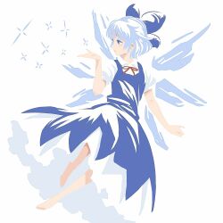 Rule 34 | 1girl, barefoot, blue bow, blue dress, blue hair, bow, cirno, commentary request, dress, flat chest, full body, hair bow, hand up, ice, ice wings, looking to the side, neck ribbon, petticoat, pinafore dress, profile, puffy short sleeves, puffy sleeves, red ribbon, ribbon, short hair, short sleeves, simple background, sleeveless, sleeveless dress, solo, touhou, white background, wings, yudepii