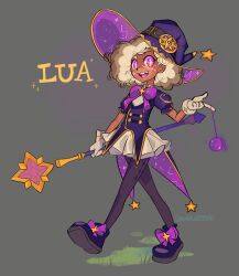 Rule 34 | 1girl, absurdres, afro, artist name, blonde hair, blush, bow, bumblesteak, character name, dark-skinned female, dark skin, dress, gloves, hair ornament, hat, hat ornament, highres, holding, holding wand, looking at viewer, missing tooth, purple eyes, shoes, short sleeves, simple background, small head, smile, star-shaped pupils, star (symbol), star hair ornament, star hat ornament, star in eye, star print, star wand, symbol-shaped pupils, symbol in eye, wand, weapon, white gloves, witch, witch hat, wizard hat, yo-yo