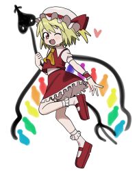 Rule 34 | 1girl, ascot, blonde hair, bloomers, commentary request, flandre scarlet, full body, hat, heart, highres, laevatein (touhou), miniskirt, mob cap, numamomi, one eye closed, one side up, orange ascot, puffy short sleeves, puffy sleeves, red eyes, red skirt, red vest, short sleeves, skirt, skirt set, solo, touhou, underwear, vest, white bloomers, wings, wrist cuffs