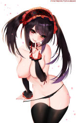 Rule 34 | 1girl, arm at side, ass, black hair, black panties, black thighhighs, breasts, cowboy shot, date a live, hair ornament, heterochromia, highres, large breasts, lolita fashion, long hair, navel, nipples, no shoes, panties, panty pull, patreon username, petals, pussy, red eyes, skindentation, smile, solo, standing, thighhighs, thighs, toes, tofuubear, tokisaki kurumi, topless, uncensored, underwear, very long hair, yellow eyes