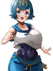 Rule 34 | 1girl, alternate breast size, asymmetrical breasts, blue eyes, blue hair, breasts, bright pupils, creatures (company), game freak, highres, hizakake, huge breasts, lana (pokemon), navel, nintendo, open mouth, oppai loli, pokemon, pokemon sm, revision, school swimsuit, short hair, simple background, solo, swimsuit, white background