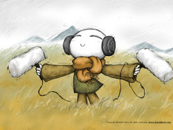 Rule 34 | artist name, haru (haruillust), headphones, mountain, no humans, outstretched arms, scarecrow, scarf, smile, spread arms, wallpaper, watermark, web address