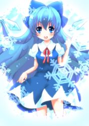 Rule 34 | 1girl, alternate hair length, alternate hairstyle, bad id, bad pixiv id, blue eyes, blue hair, bow, bowtie, cirno, hair bow, long hair, matching hair/eyes, nomutarou, solo, embodiment of scarlet devil, touhou, wings