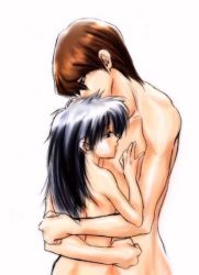 Rule 34 | 2boys, black hair, brother, brothers, brown hair, child, clenched hands, completely nude, hand on another&#039;s chest, hand on chest, hug, incest, kaiba mokuba, kaiba seto, long hair, multiple boys, nude, siblings, simple background, tagme, upper body, white background, yaoi, yu-gi-oh!