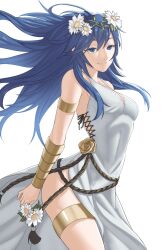 Rule 34 | 1girl, blue hair, breasts, cleavage, dress, fire emblem, fire emblem awakening, fire emblem heroes, flower, flower on head, highres, holding, holding flower, long hair, looking at viewer, lucina (fire emblem), lucina (valentine) (fire emblem), medium breasts, nintendo, pomelomelon, smile, solo, thighs, white dress