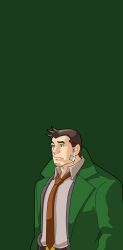 Rule 34 | 1boy, :|, ace attorney, arms at sides, bandaid, bandaid on face, belt, brown eyes, brown hair, brown necktie, capcom, closed mouth, coat, collared shirt, deviantjam, dick gumshoe, facial hair, formal, green background, green coat, highres, looking ahead, male focus, matching hair/eyes, muscular, necktie, nose, open clothes, open coat, pencil, pencil behind ear, phone wallpaper, serious, shirt, short hair, simple background, solo, spiked hair, standing, stubble, thick eyebrows, upper body, wallpaper, white shirt