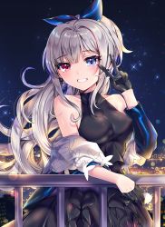 Rule 34 | 1girl, :p, artist name, bare shoulders, black dress, black gloves, blue bow, blue eyes, blue jacket, blush, bow, breasts, cellphone, cowboy shot, cross, cross earrings, dress, earrings, flip phone, floating hair, girls&#039; frontline, gloves, grey hair, grin, hair between eyes, hair bow, half gloves, heterochromia, highres, holding, holding phone, jacket, jewelry, long hair, looking at viewer, mdr (cocktail observer) (girls&#039; frontline), mdr (girls&#039; frontline), medium breasts, multicolored hair, night, off shoulder, official alternate costume, one side up, outdoors, phone, pink eyes, ponytail, sidelocks, sky, smile, solo, star (sky), starry sky, streaked hair, tongue, tongue out, white background, wind, xes (xes 5377)