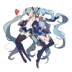 Rule 34 | 2girls, ;d, absurdly long hair, black legwear, detached sleeves, dual persona, full body, green eyes, green hair, hair ornament, hatsune miku, heart, highres, holding own arm, locked arms, long hair, multiple girls, necktie, one eye closed, open mouth, simple background, smile, umiko (munemiu), very long hair, vocaloid, white background