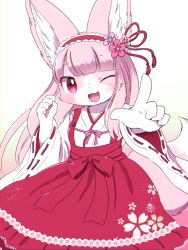 Rule 34 | 1girl, :3, animal ears, body fur, cherry blossom print, commentary request, detached sleeves, fang, floral print, flower, fox, fox ears, fox girl, fox tail, furry, furry female, gradient background, hair flower, hair ornament, highres, kemoribon, one eye closed, open mouth, original, red eyes, solo, tail, wide sleeves