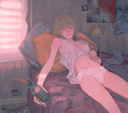 Rule 34 | 1girl, bed, blouse, bottle, brown eyes, brown hair, cigarette, cigarette pack, closed mouth, colored skin, depressed, drinking straw, electric plug, electrical outlet, frown, holding, holding bottle, huangdanlan, indoors, lying, map, messy hair, nipples, no bra, no pants, on back, original, panties, pillow, poster (object), room, see-through, shirt, sleeveless, sleeveless shirt, solo, sweat, underwear, white shirt, window